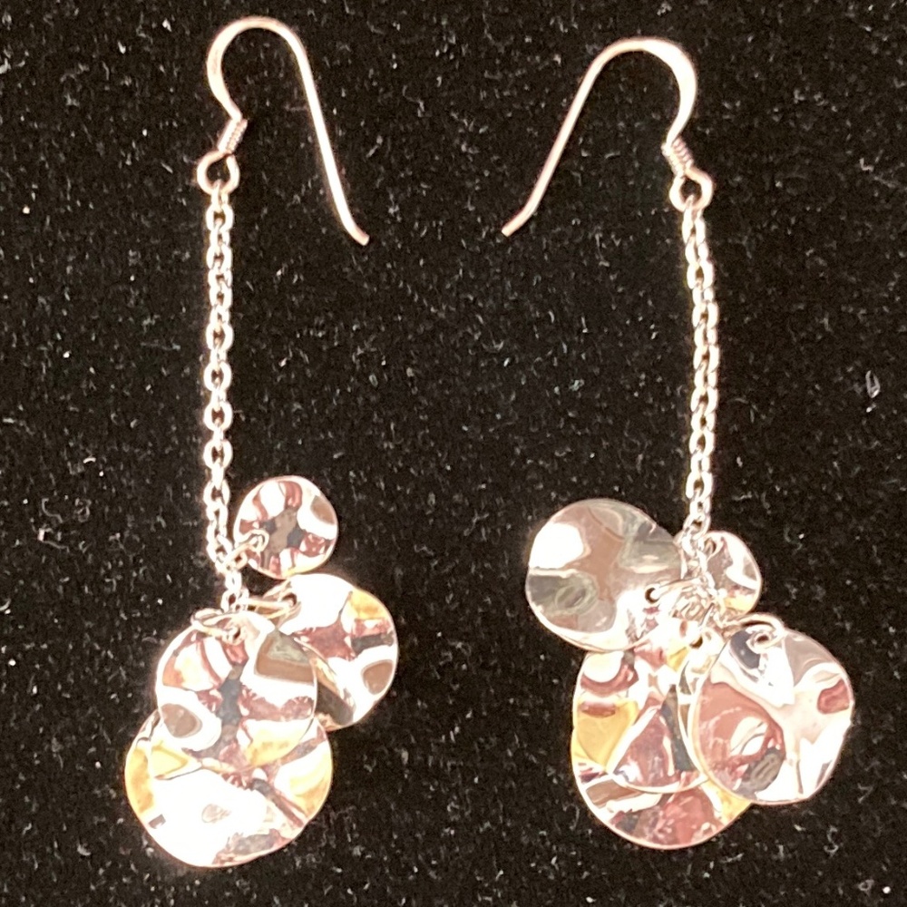 Sterling Silver Linear Wavy Disc Dangle Earrings/Rolo Link Chain/5 Discs@/NEW!!!
